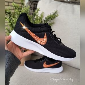 Bling Nikes Tanjun Shoes Custom with Orange Crystal Rhinestones Women's Sneakers